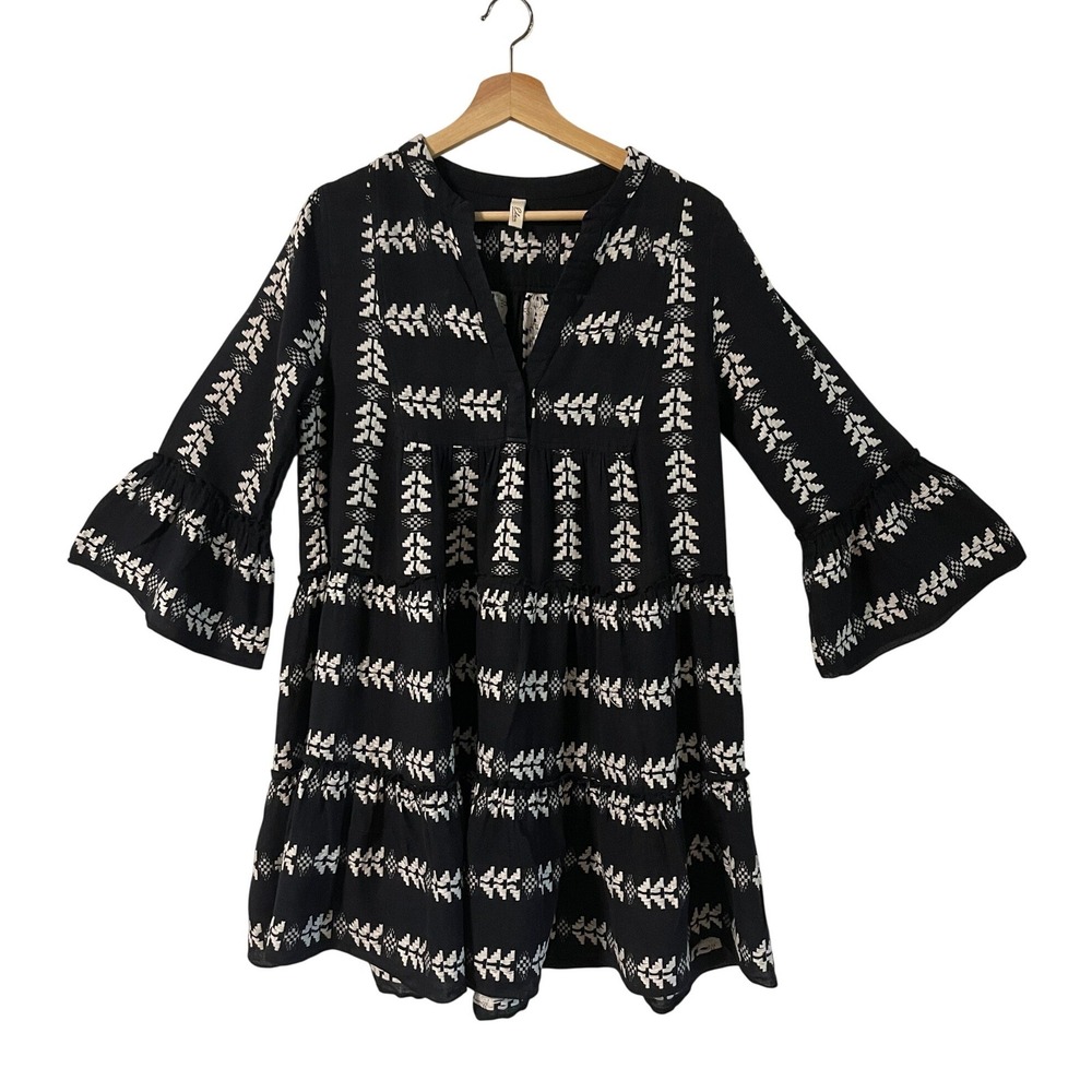 Elan Black White Embroidered Cotton Tiered Mini Dress Medium Boho Bell Sleeve